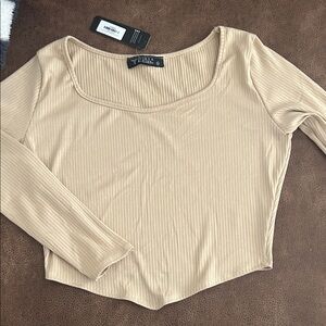 Lucky & Blessed Beige Ribbed Long Sleeve Top